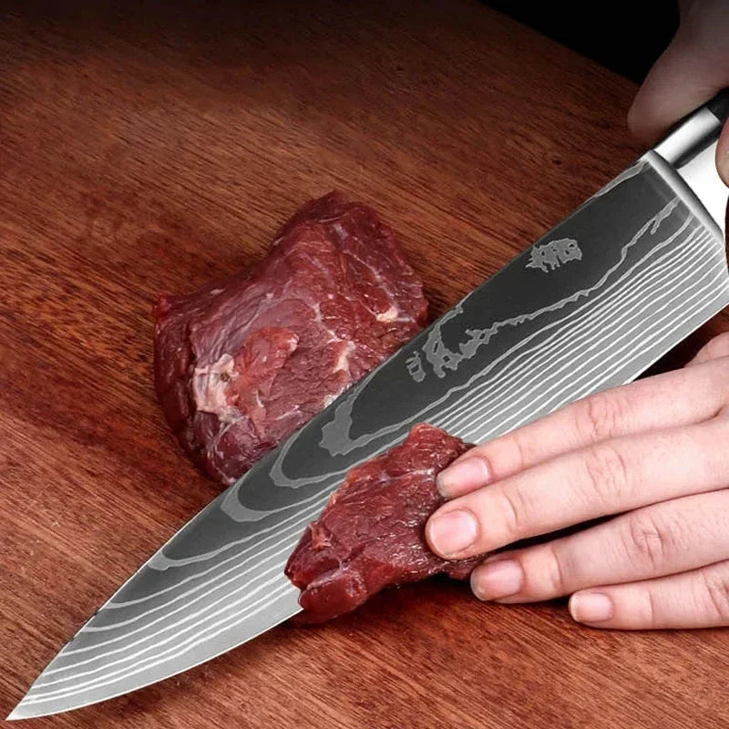 Juego de cuchillos de cocina con láser Damasco Santoku, cuchillo de utilidad, cuchillo de Chef profesional, cuchillo de carnicero, accesorios de cocina, 3 uds.