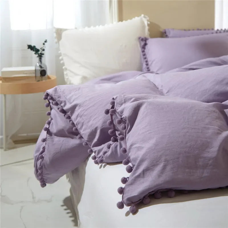 Funda de edredón suave y lavada, Juego de 3 piezas, funda de almohada, juego de ropa de cama para Twin, Full, Queen, King Size, decoración de pompones