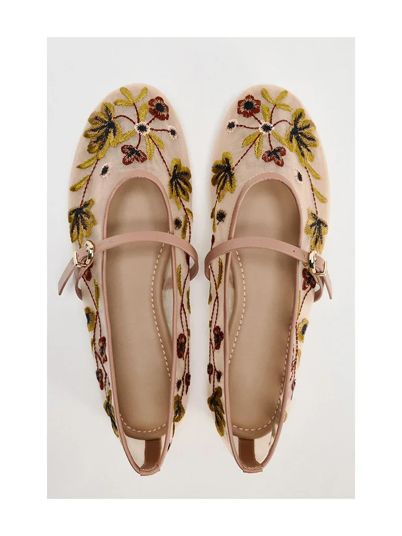 2026 zapatos Mary Jane bordados de primavera para mujer, zapatos de suela blanda transpirables para exteriores, zapatos planos de Ballet cómodos sin cordones para mujer