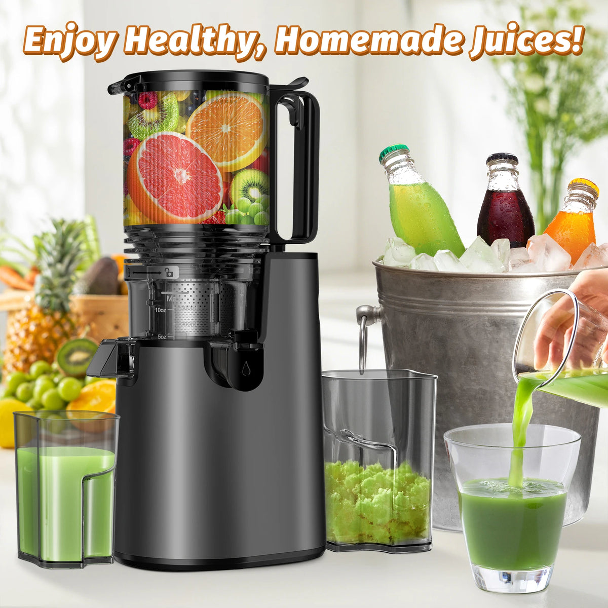 Extractor de Jugos Tolife de Presión en Frío y Masticación Lenta, con Boca Ancha, Vaso de 1000 ml, Silencioso y Fácil de Limpiar, para Frutas y Verduras