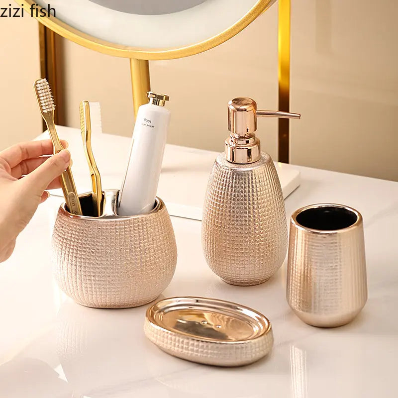 Botella de loción de cerámica de oro rosa, taza de enjuague bucal, soporte para cepillo de dientes, juego de accesorios de baño para el hogar, champú, botella de lavado corporal, jabonera