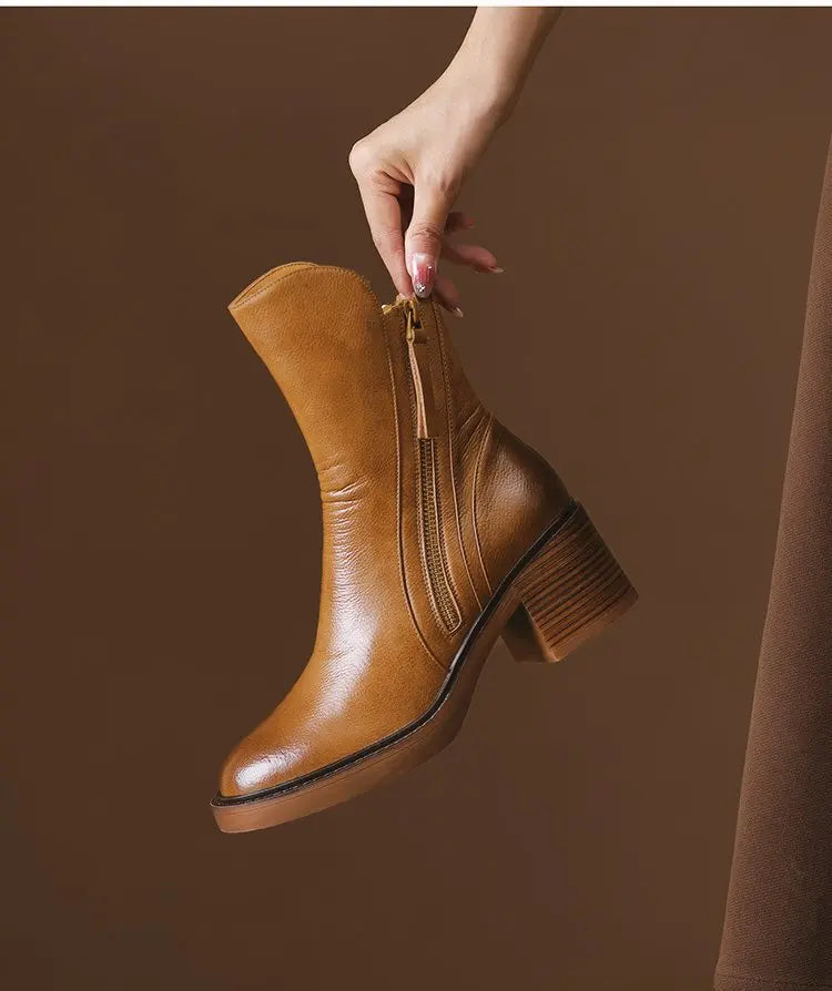 Botines de tacón alto para mujer, botas cortas de cuero con punta redonda, botas de tacón grueso, botines con cremallera lateral, tacón de plataforma para mujer
