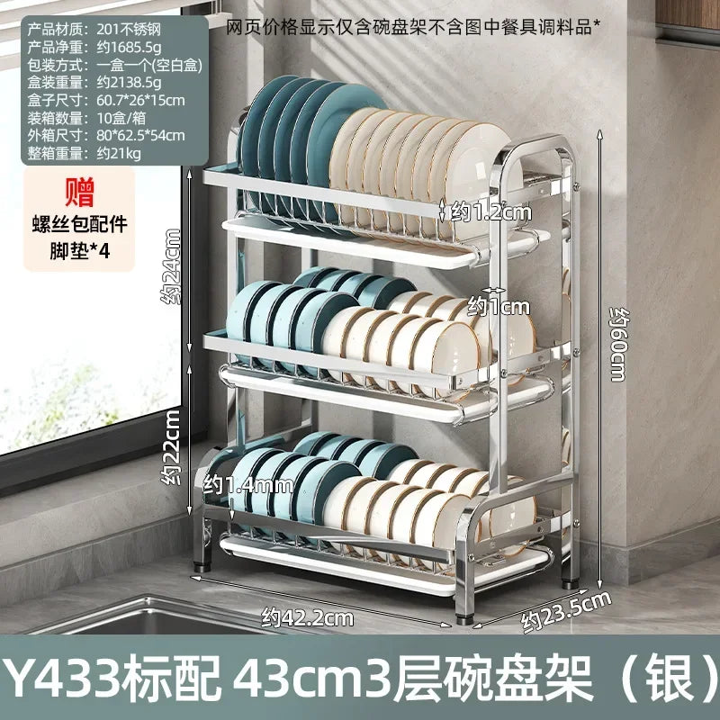 Estante para vajilla de 3 niveles, secado de platos de acero inoxidable 304 con bandeja, soporte de almacenamiento para mostrador de cocina con organizador de tabla de cortar