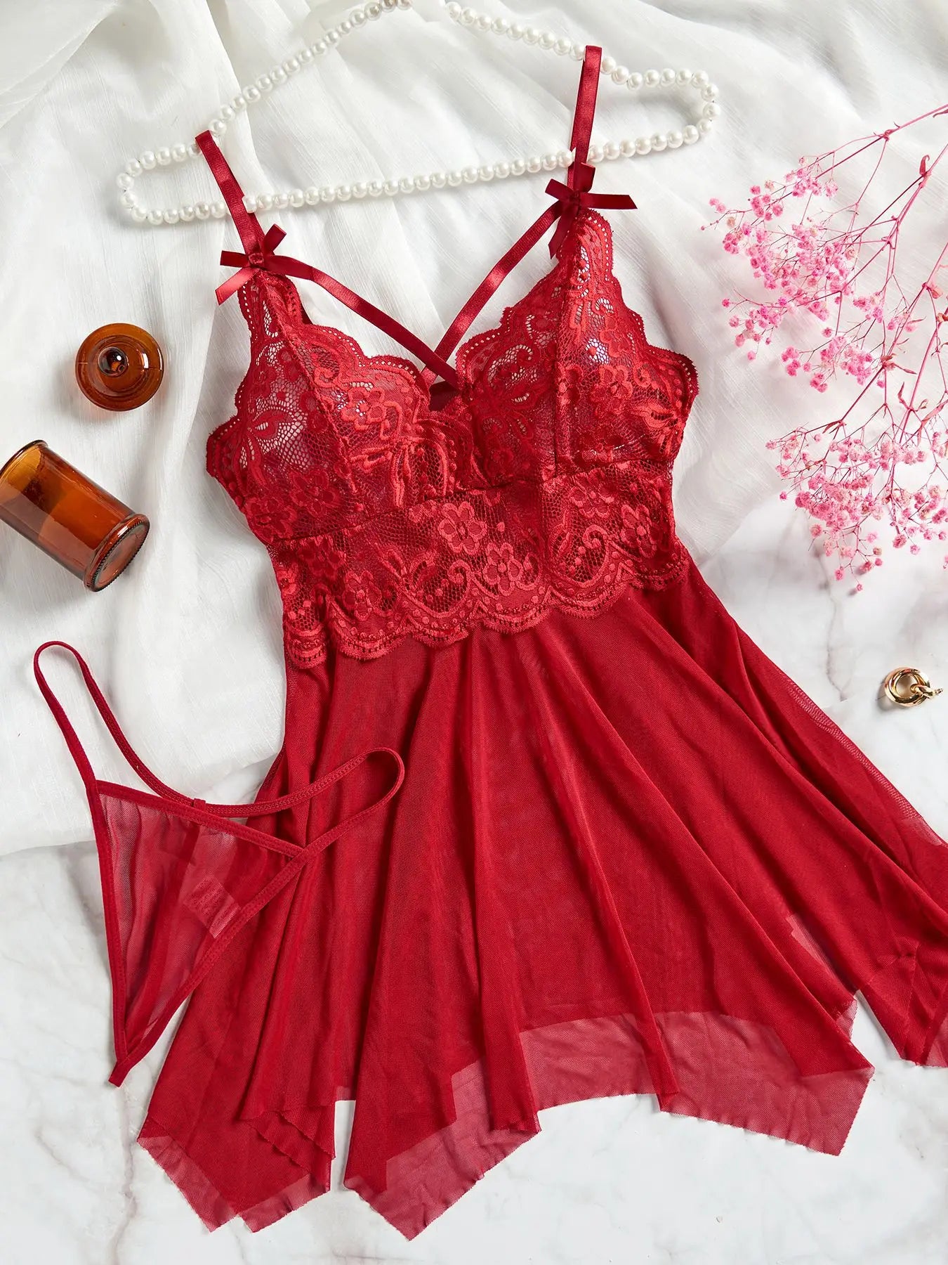 Lencería Sexy roja transparente, ropa interior para mujer, ropa de dormir transparente, camisón de encaje y bragas, conjuntos de Pijamas, camisón Sexy para mujer