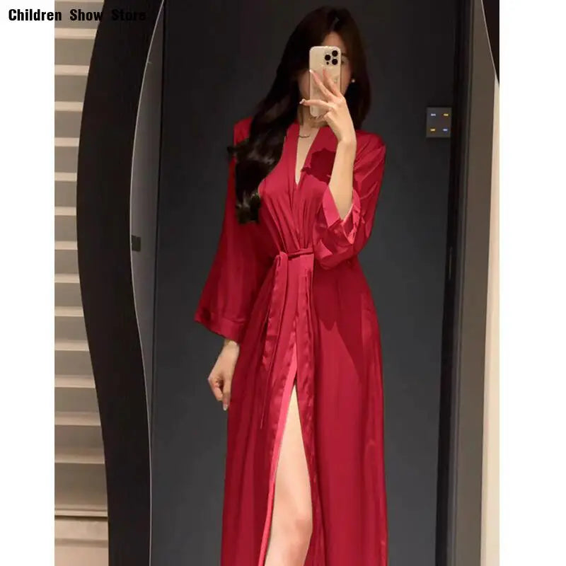 Vestido largo Sexy Vestidos De Novia Color sólido Kimono Albornoz Vestido señora otoño nueva ropa De dormir De rayón Pijama Mujer lencería íntima