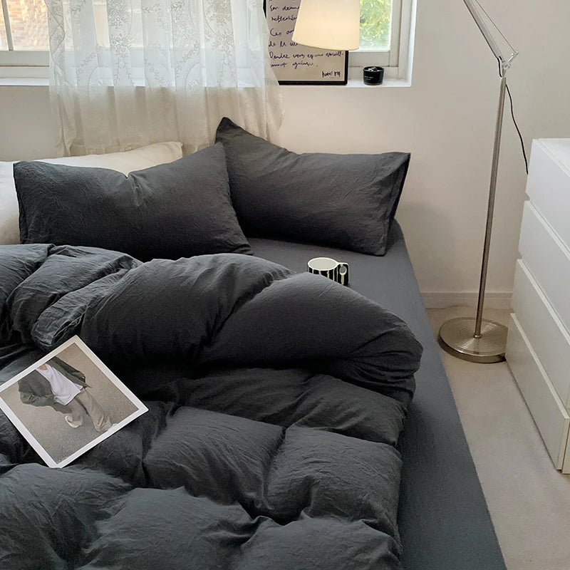 Juegos de fundas de edredón gris oscuro a la moda, fundas de edredón cepilladas, juegos de cama individual doble Queen, funda de almohada para niños, funda de edredón sólida