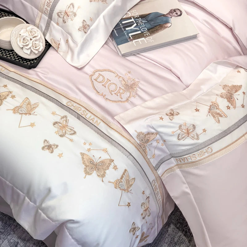 Juego de cama 100% de algodón, edredón bordado de mariposa dorada de lujo/funda nórdica, juegos de sábanas ajustadas, fundas de almohada, textiles para el hogar