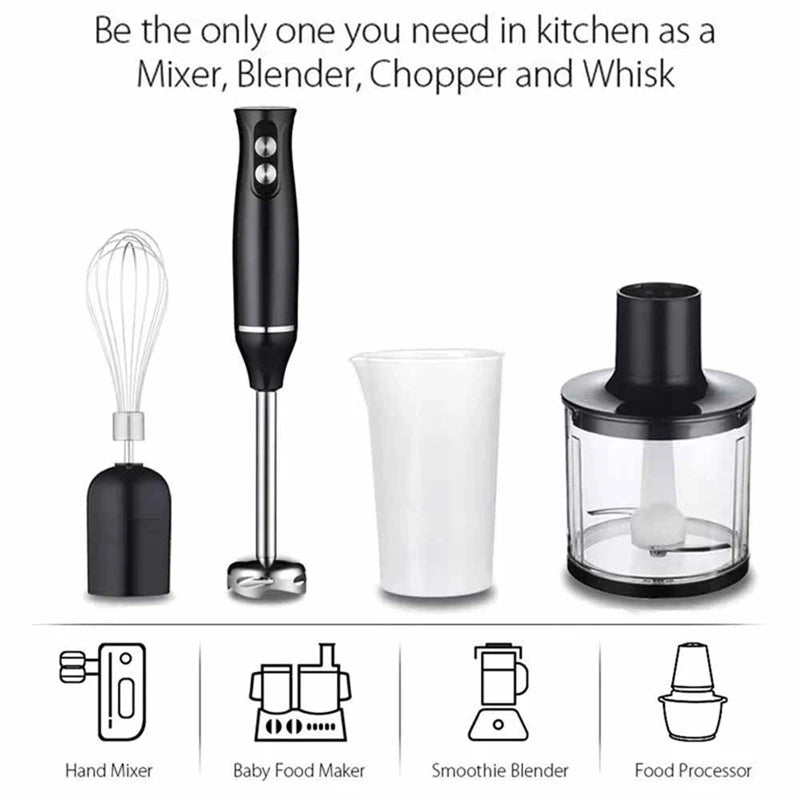 Batidora Eléctrica 4 en 1 de 500W, Batidora de Inmersión con Varilla de Acero Inoxidable, Cuchillas para Hielo, Picadora de Verduras y Carne, Batidora de Huevos