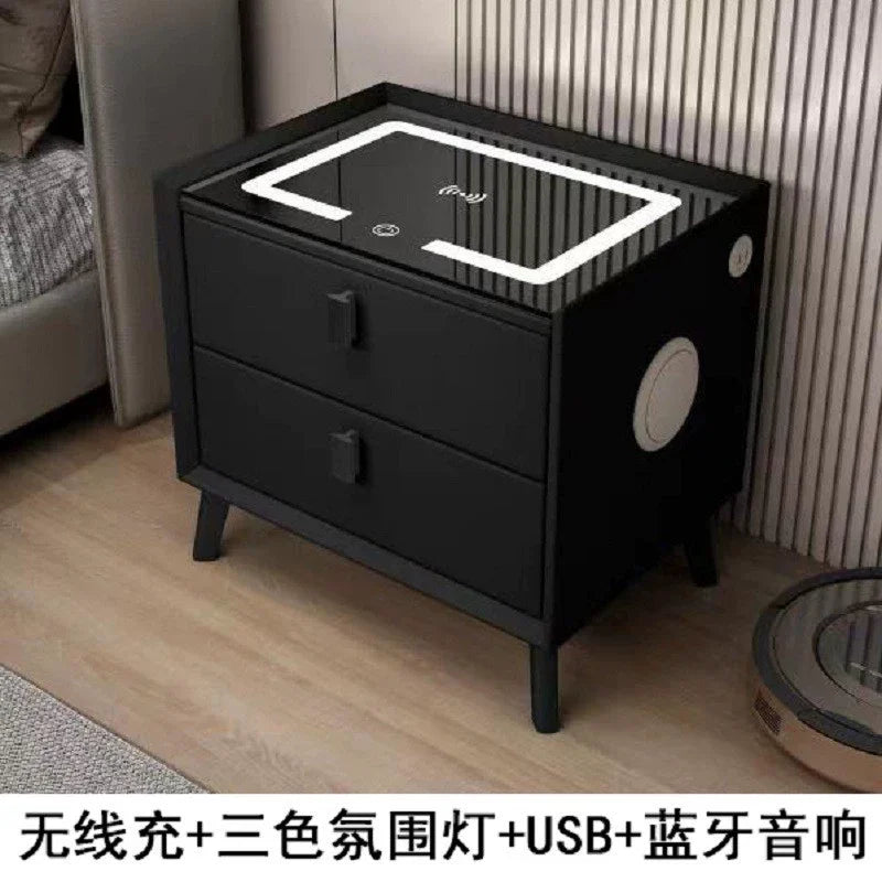 Mesita de noche de madera inteligente con altavoz cargador inalámbrico, mesita de noche minimalista moderna de dos cajones, muebles multifuncionales para el hogar
