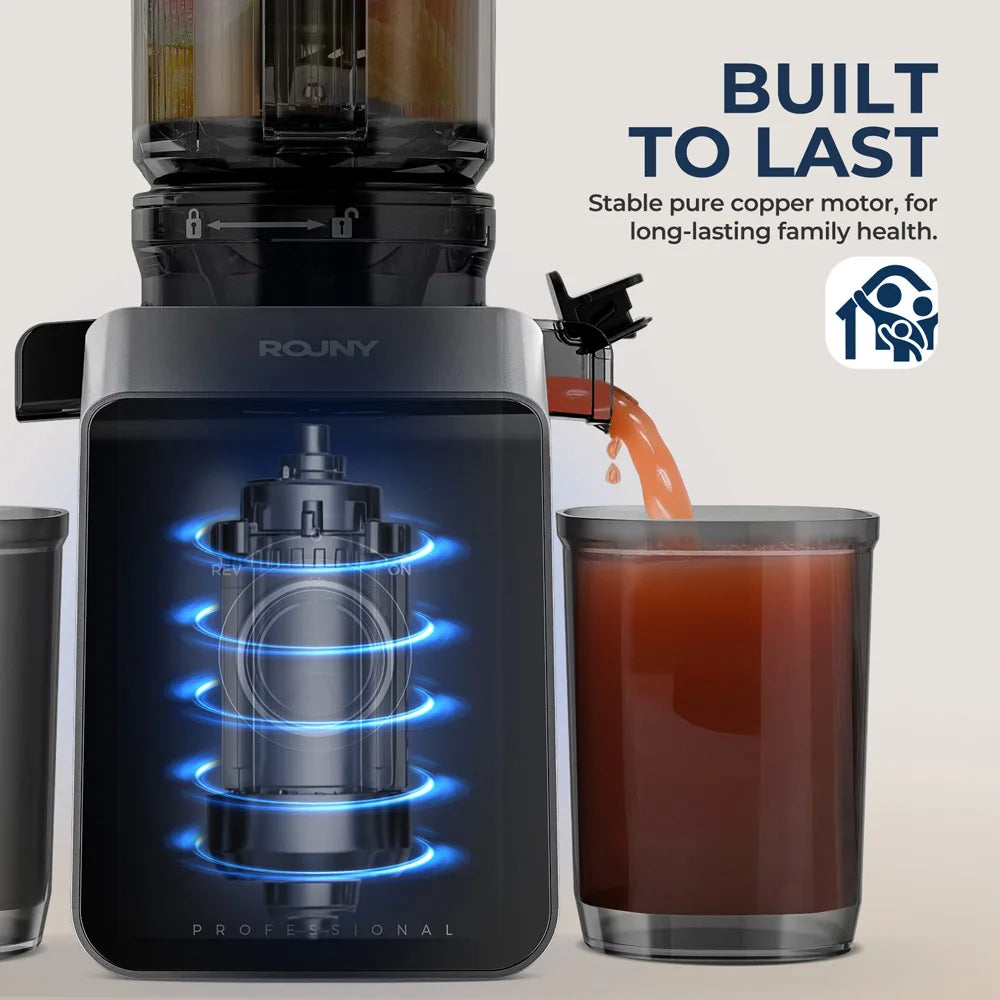 ROUNY Exprimidor lento, extractor de prensa en frío con sin filtro, máquina exprimidora de frutas eléctrica de fácil limpieza con gran calibre, negro