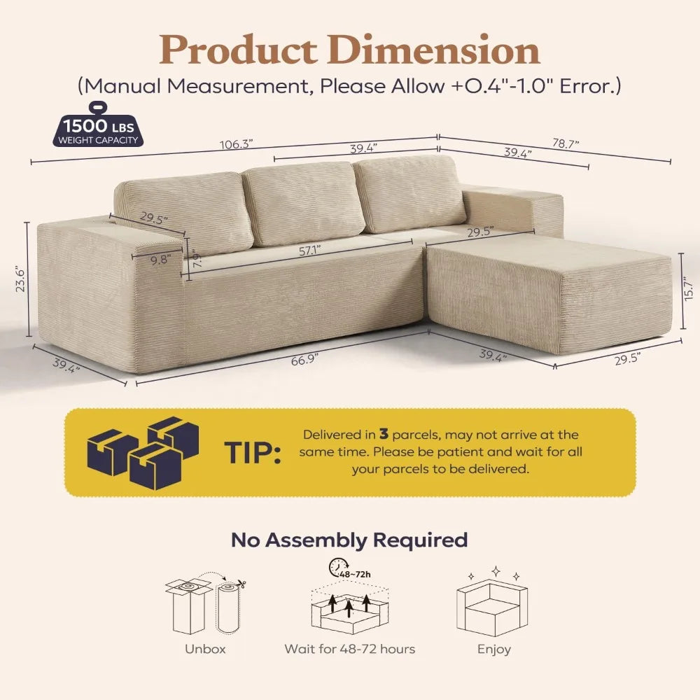 Sofá seccional reversible Cloud de 106" - Asiento profundo, modular en forma de L, tapizado en espuma, sin montaje, salón/dormitorio