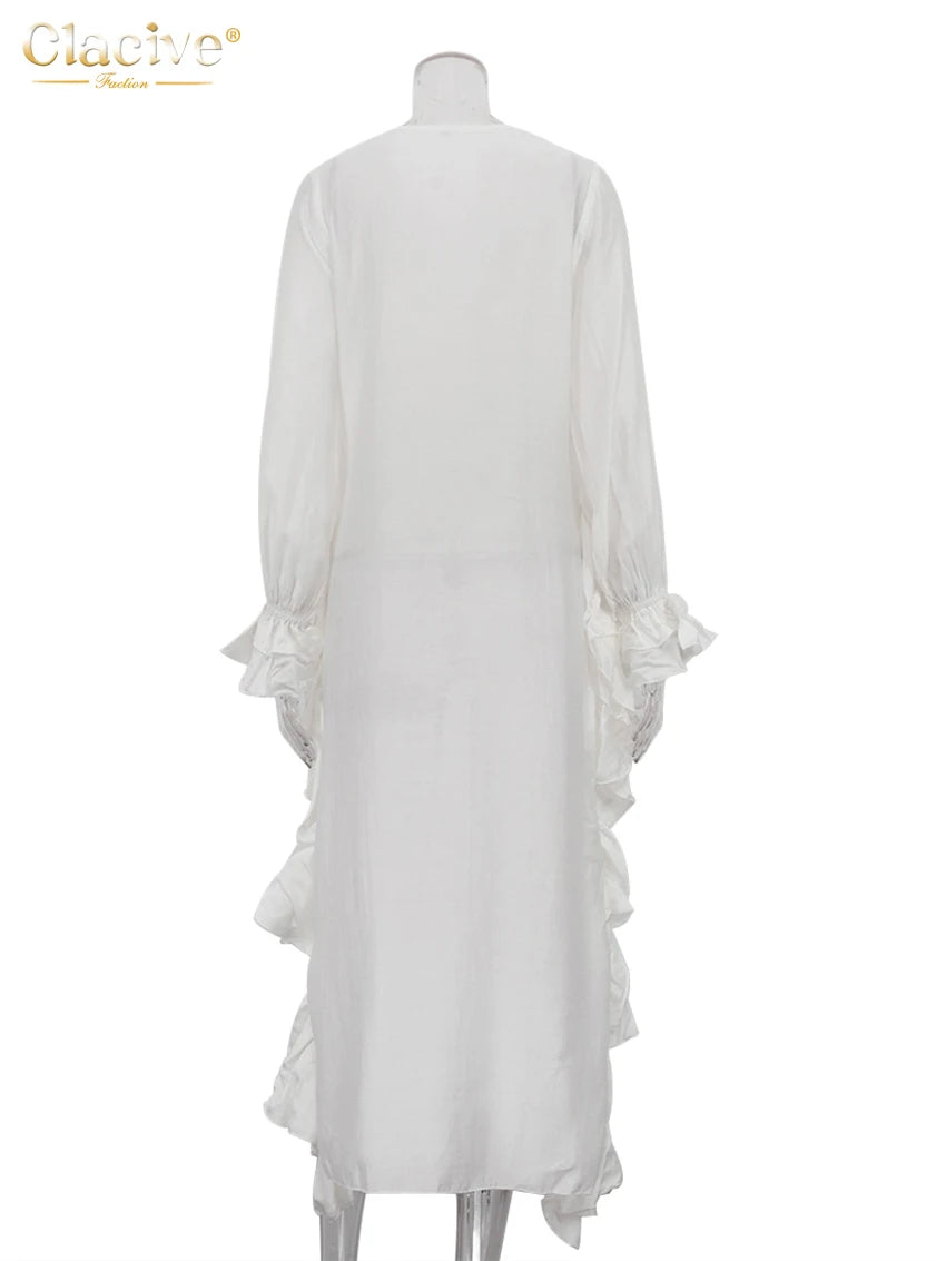 Clacive-Camiseta blanca holgada para mujer, camisas de manga larga con cuello en V a la moda, Top Irregular con volantes elegantes, ropa femenina 2025