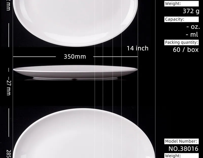 Platos ovalados de melamina blanca de 9-14 pulgadas, juego de cena, plato de porcelana de imitación, bandejas planas para carne, servicio de mesa de cocina y Hotel duradero