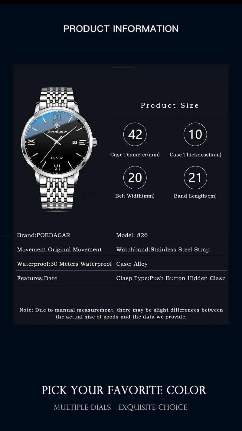 POEDAGAR, relojes de negocios de lujo para hombre, reloj de pulsera resistente al agua de acero inoxidable con fecha para hombre, reloj de pulsera de cuarzo Simple a la moda para hombre