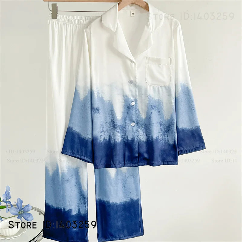Nuevos Pijamas de satén sedoso para mujer, conjunto de 2 uds de Pijamas, ropa de dormir para primavera y otoño, ropa de salón, ropa de casa informal holgada para mujer, lencería