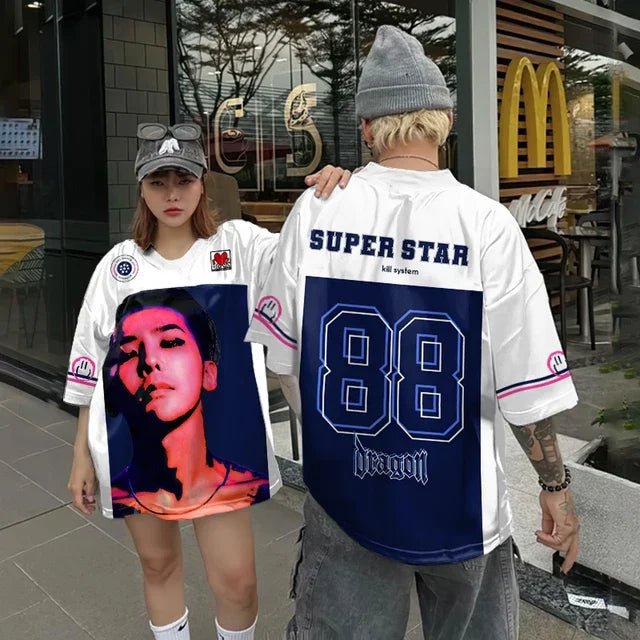 Vivodeco oversized short sleeve streetwear shirts modeled outdoors with graphic face print on the front and Super Star 88 Dragon design on the back