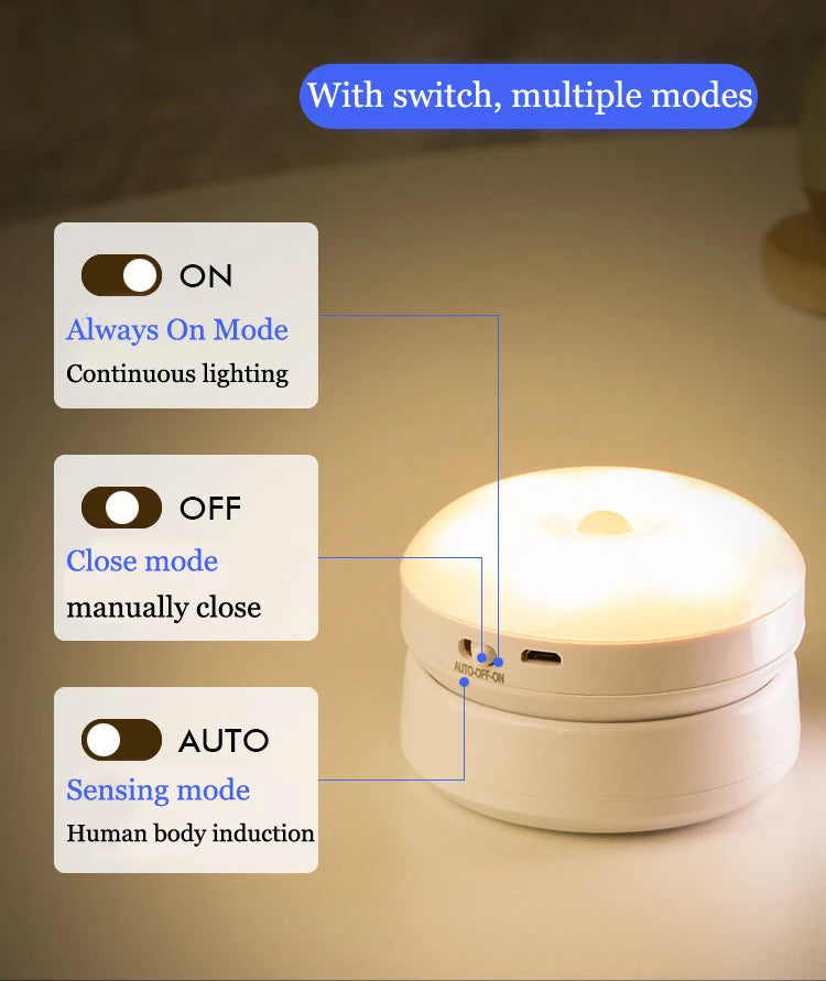 Luz nocturna con Sensor de movimiento, iluminación LED inalámbrica recargable, magnética giratoria 360 para habitación, mesita de noche, iluminación de gabinete