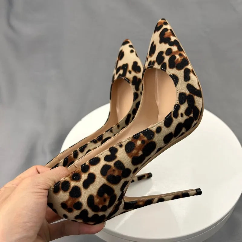Tikicup-zapatos de tacón alto con punta puntiaguda para mujer, sin cordones tacones de aguja de diseñador, Sexy, leopardo, 8cm, 10cm, 12cm, talla grande 33-46