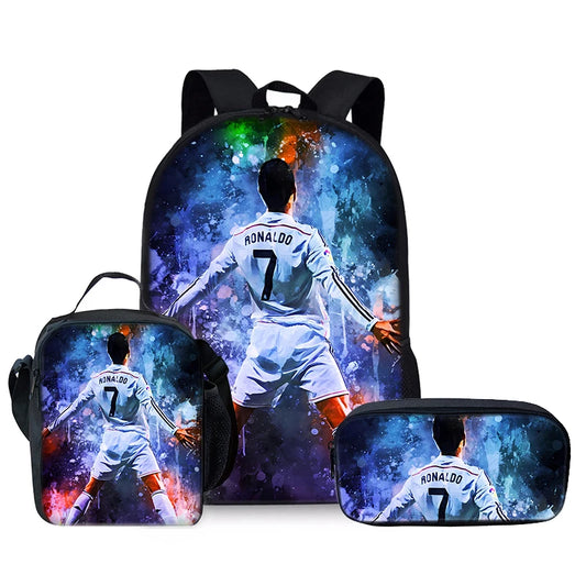 Juego de tres piezas de jugador de fútbol CR7, mochilas para niños y niñas, los mejores regalos, mochila escolar de dibujos animados en 3D para niños