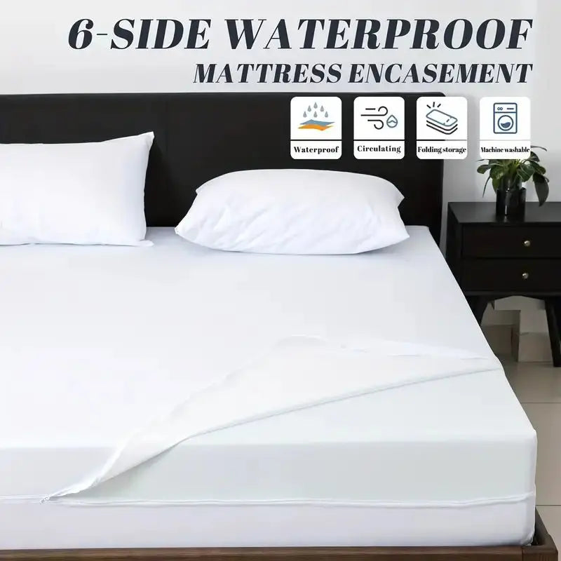 Funda de colchón impermeable totalmente cerrada de 6 lados con cremallera (sin funda de almohada), Protector de colchón a prueba de polvo, Color sólido, 1 ud.