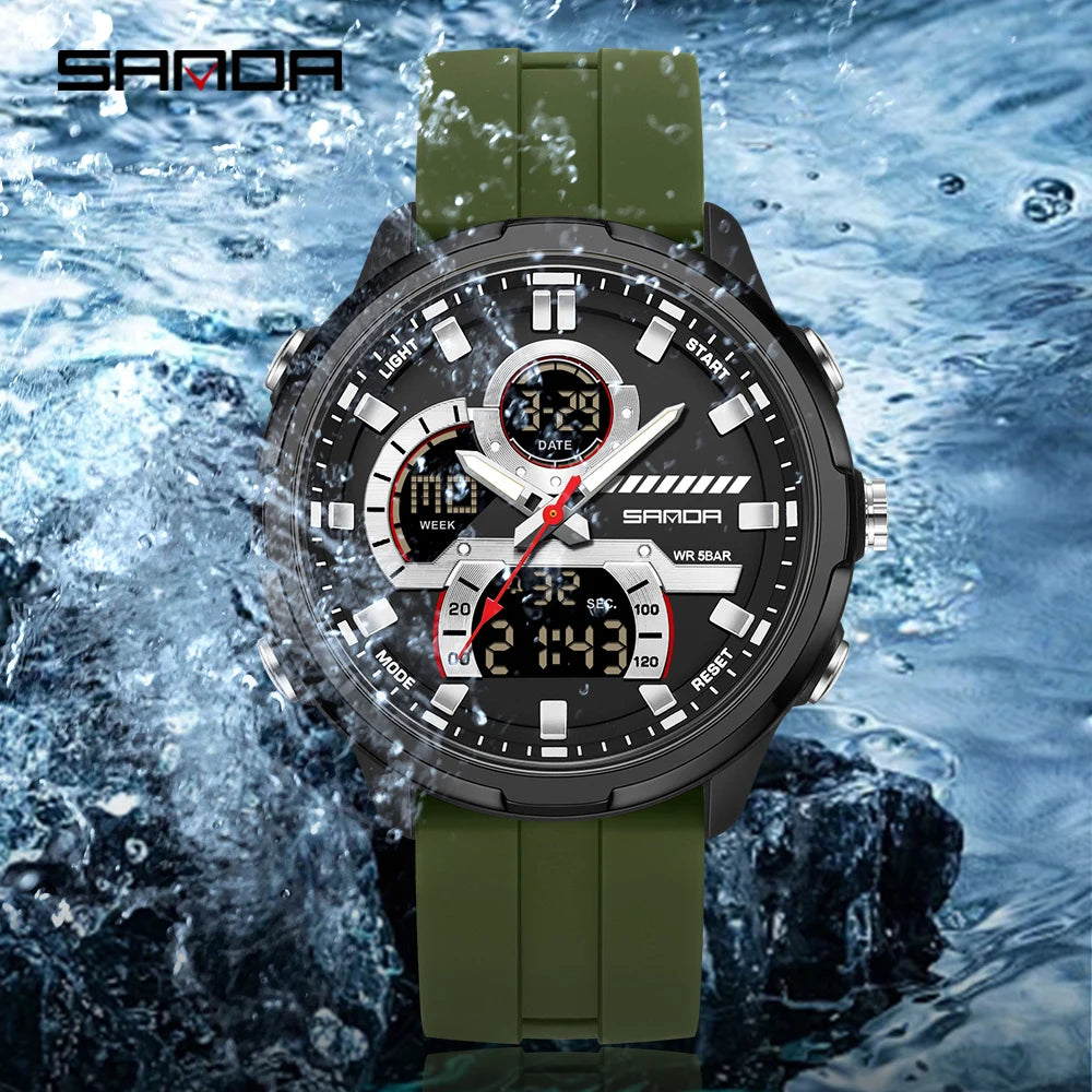 Reloj electrónico de cuarzo SNADA para hombre con pantalla Dual deportivo multifuncional LED resistente al agua reloj electrónico de cuarzo para hombre 9077