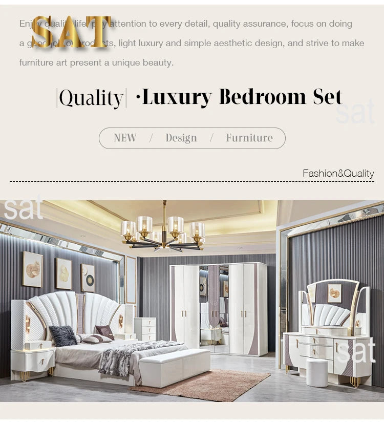 Juego de cama doble King Size con marco de madera dorada de lujo real, Villa para el hogar, diseño moderno clásico, juegos de dormitorio completos de madera, muebles