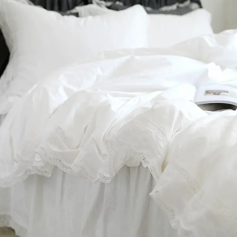 Funda nórdica romántica de lujo con volantes, ropa de cama blanca, funda nórdica King, juego de cama de encaje, funda de edredón de algodón sólido de princesa, juego de edredón Queen
