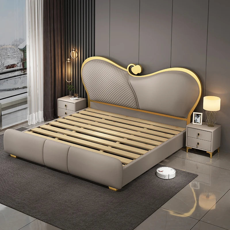 SAT. Cama Doble Moderna y Creativa de Lujo Ligero, Cama Suave, Estructura de Cama King Size y Queen Size, Juego de Muebles de Dormitorio de Alta Gama
