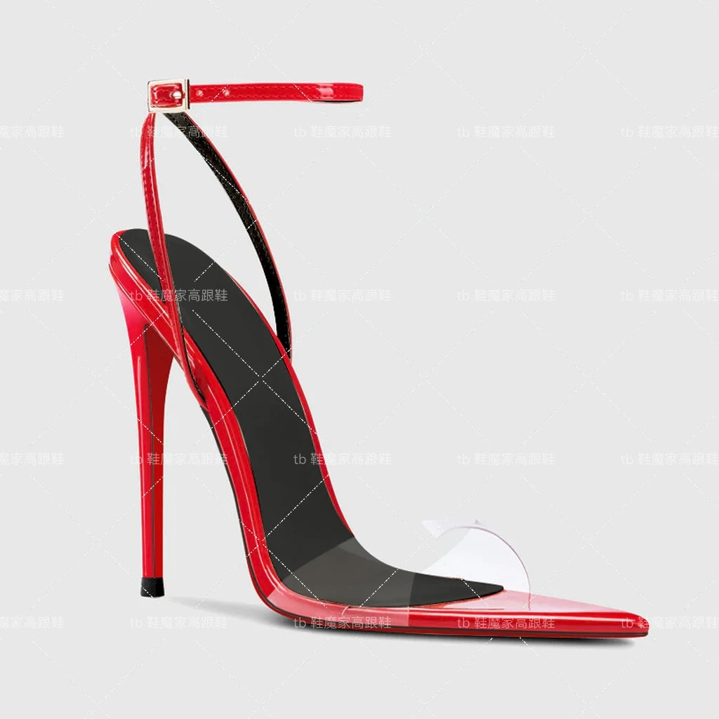 2025 New 12cm Thin Heel Pointed Shallow Lipstick Bottom High Heels Sexy One Word Buckle Style Fashion Sandals Large Single Shoes