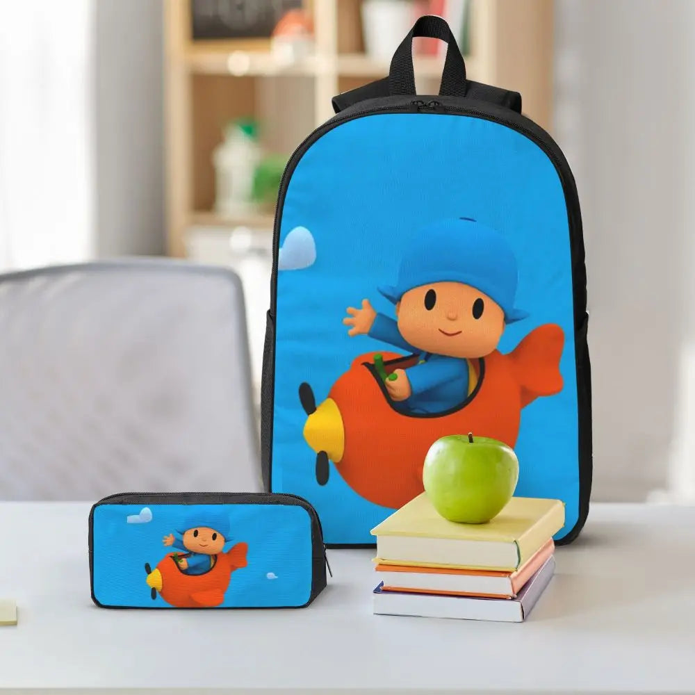 Mochila azul de dibujos animados de Pocoyo para niños, mochila escolar, bolsos de hombro para ordenador, bolsa de almuerzo aislada de 3 piezas, estuche para lápices