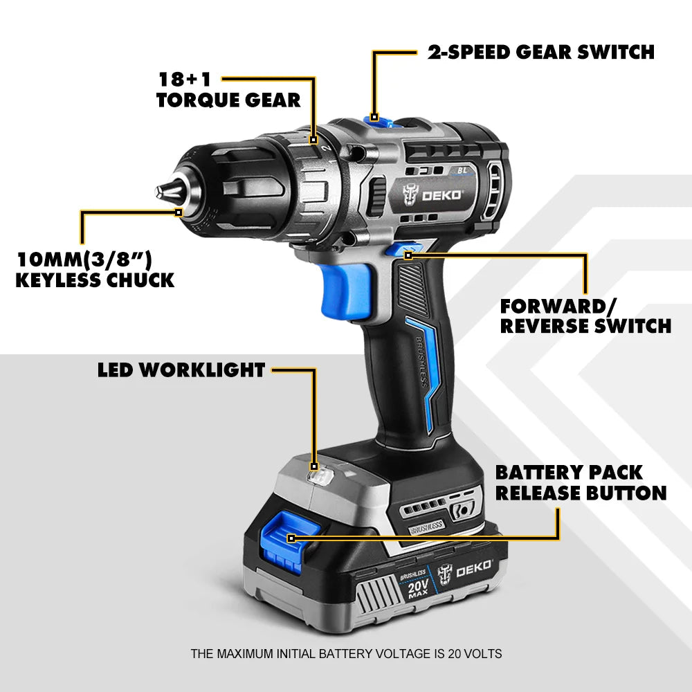 DEKO-Taladro Inalámbrico sin escobillas de 20V, Kit combinado de Mini destornillador eléctrico, herramientas eléctricas de 2 velocidades para carpintería