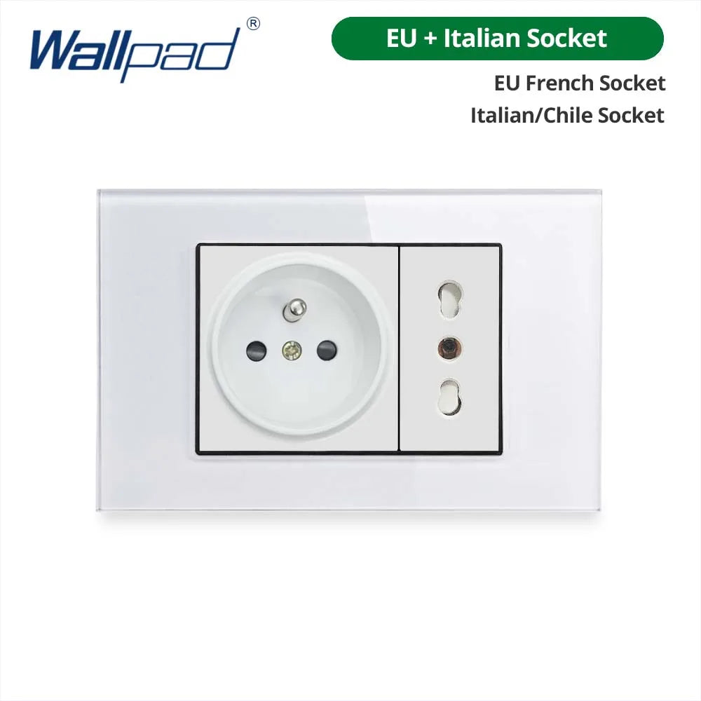 Wallpad Panel de vidrio templado blanco interruptor de luz de pared UE Reino Unido italiano Chile enchufe botón basculante 118*75mm 16A AC110-250V