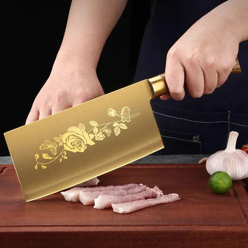Juego de cuchillos de cocina de lujo dorados, ultra afilados, con hoja de acero inoxidable de primera calidad con revestimiento de titanio y mango de madera para cocinar, 4 piezas