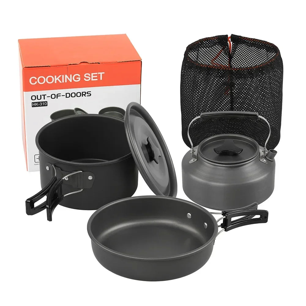 Juego de Cocina para Acampar, Juego de Utensilios de Cocina para Exteriores, Utensilios de Cocina Portátiles de Aluminio, Ollas, Tazones, Hervidores, Equipo para Picnic y Senderismo