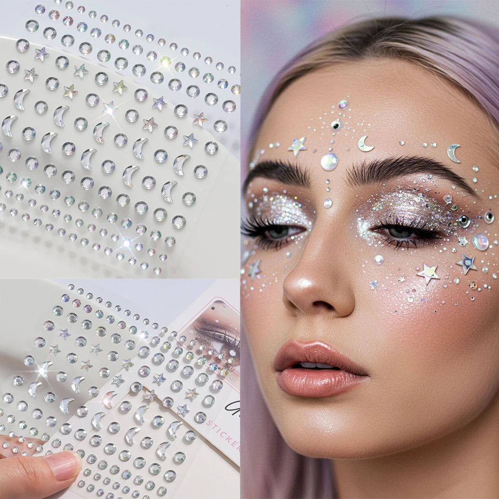 1 unidad 3D Y3K plata Aurora Luna estrella cara gemas joyas pegatinas de diamantes de imitación autoadhesivo cristal maquillaje diamantes tatuajes decoración