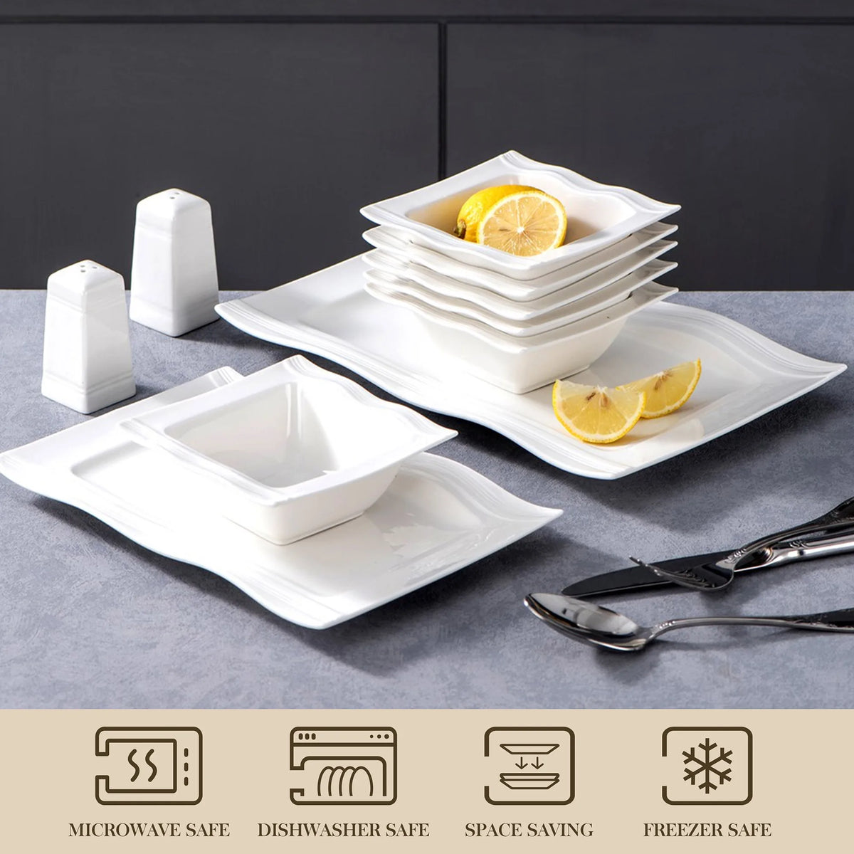 MALACASA Juego de vajilla cuadrada, platos y cuencos de porcelana blanca de 28 piezas, juego de cena para sal, pimienta, ensalada, Pasta