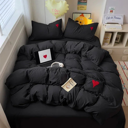 Juego de cama de algodón lavado, funda nórdica negra súper suave y fresca, toalla en forma de corazón, ropa de cama, fundas de edredón respetuosas con la piel, sábanas