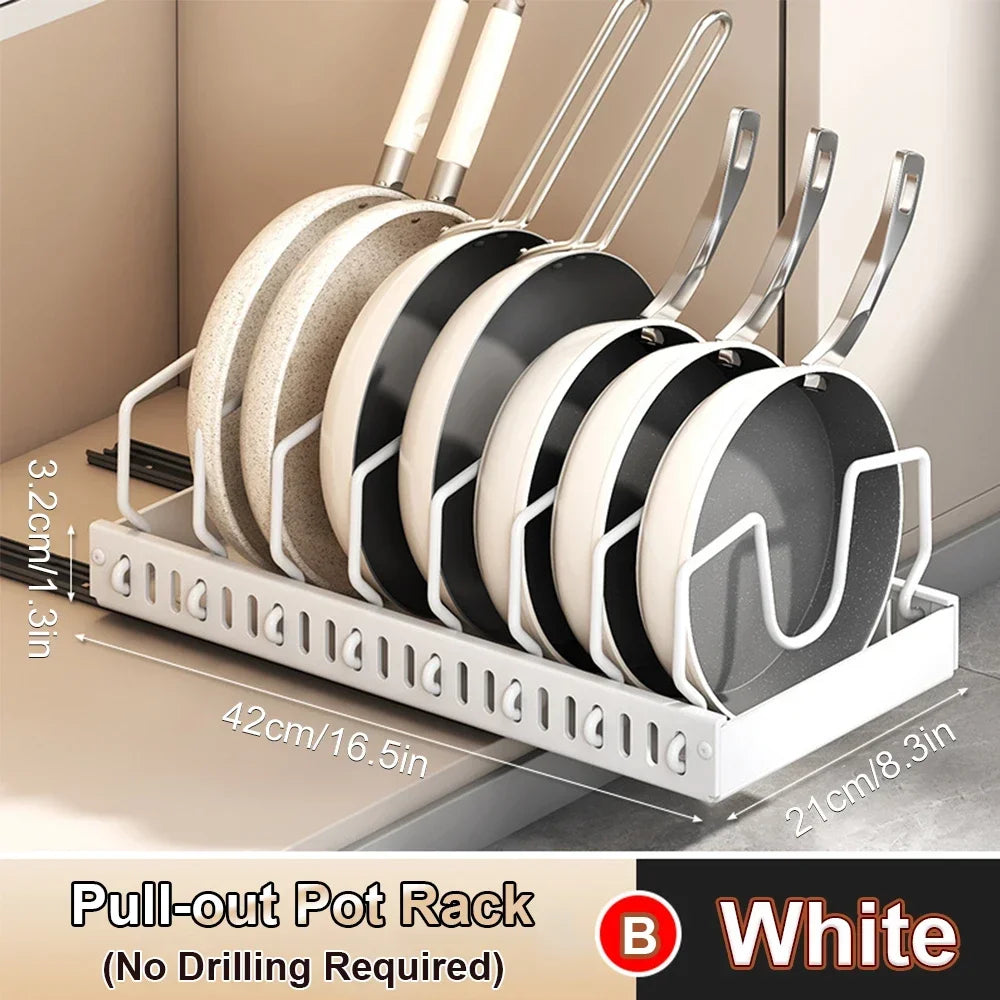 Organizador Multifuncional de Cocina Extraíble para Ollas/Sartenes, Soporte Deslizante para Tapas, Estante para Especias y Escurridor de Platos, Organizador de Cajones