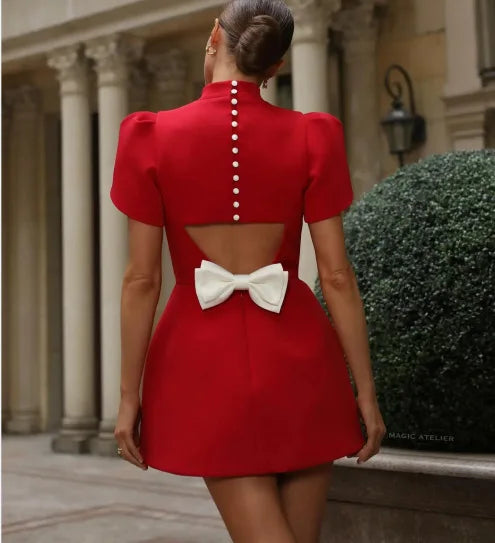 Minivestido elegante con lazo blanco para mujer, vestidos cortos de lujo, vestidos informales negros y rojos para fiesta de noche, cumpleaños y verano