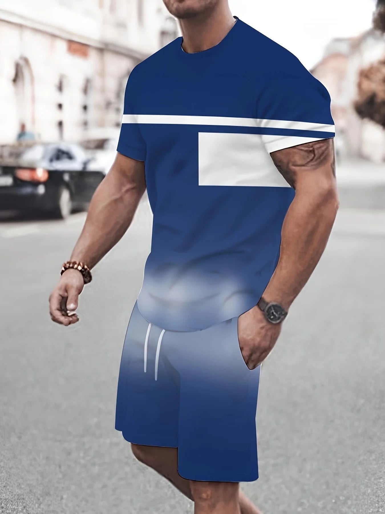 Nueva ropa deportiva de verano para hombre, conjunto de camiseta de manga corta a rayas, ropa de viaje al aire libre de dos piezas, pantalones cortos de ajuste relajado, ropa de entrenamiento