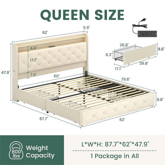 Base de Cama Queen Size con 4 Cajones de Almacenamiento y Estación de Carga, Base de Cama Tapizada en Terciopelo con LED, Personalizable