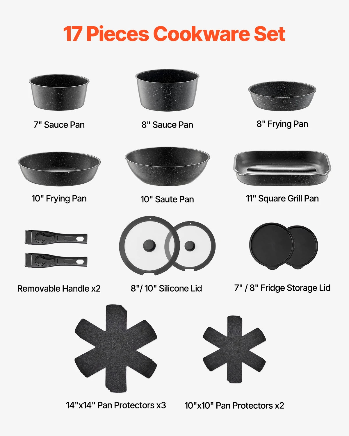 SucceBuy Juego de utensilios de cocina antiadherentes de 17 piezas, ollas y sartenes de granito, utensilios de cocina de inducción con sartén para freír salsa