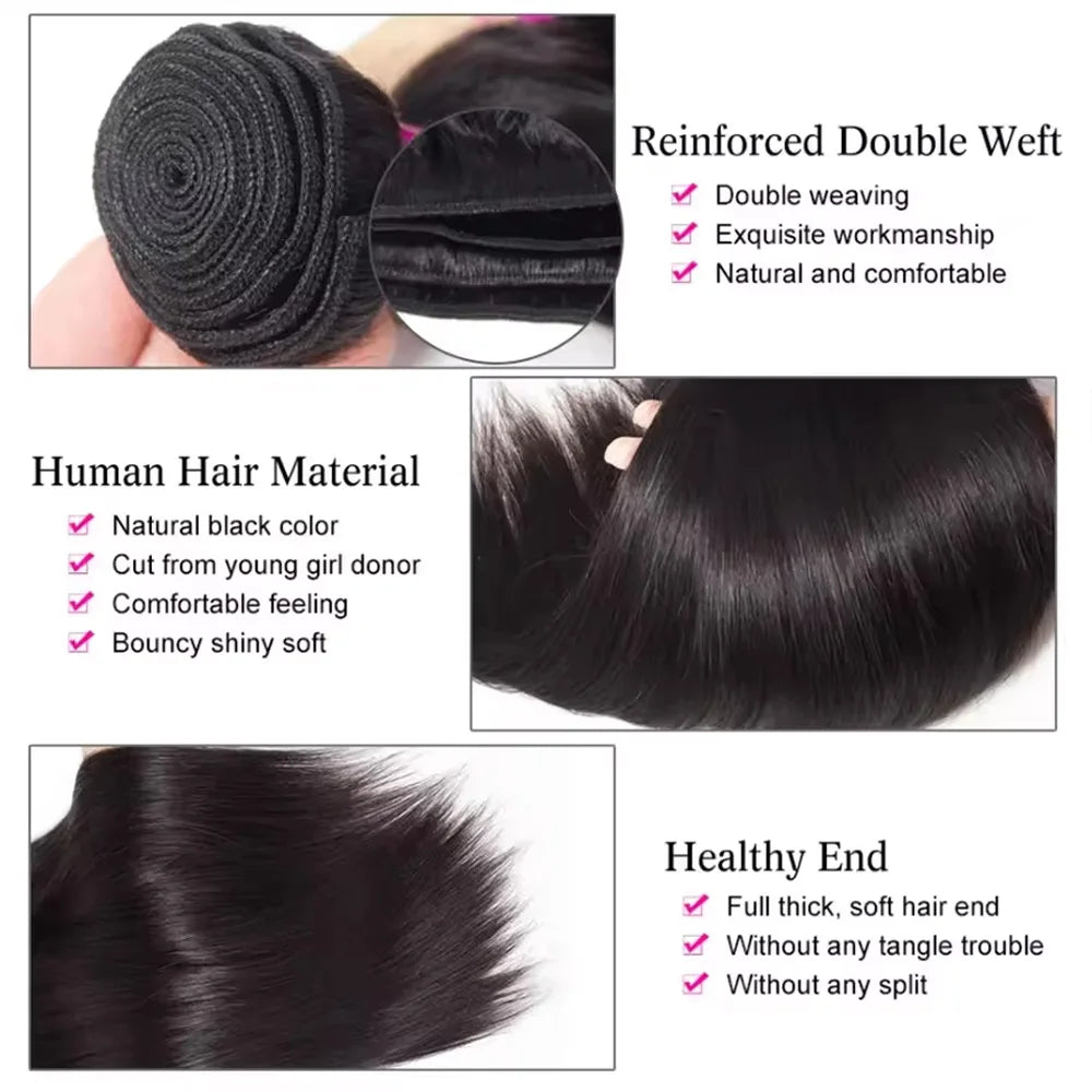 Extensiones de Cabello Humano Liso Natural Brasileño de 12-42 Pulgadas, Paquetes de Cabello Humano Remy de Color Natural