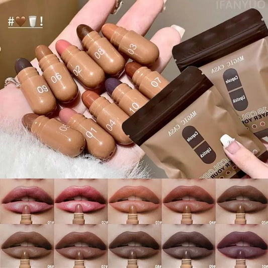 ‌ Set de 10 Labiales en Cápsula en Tonos Marrones, Acabado Mate y Suave ‌   Bálsamo Labial Mini de Larga Duración, Resistente a Manchas, Kit de Maquillaje Labial de Alta Pigmentación