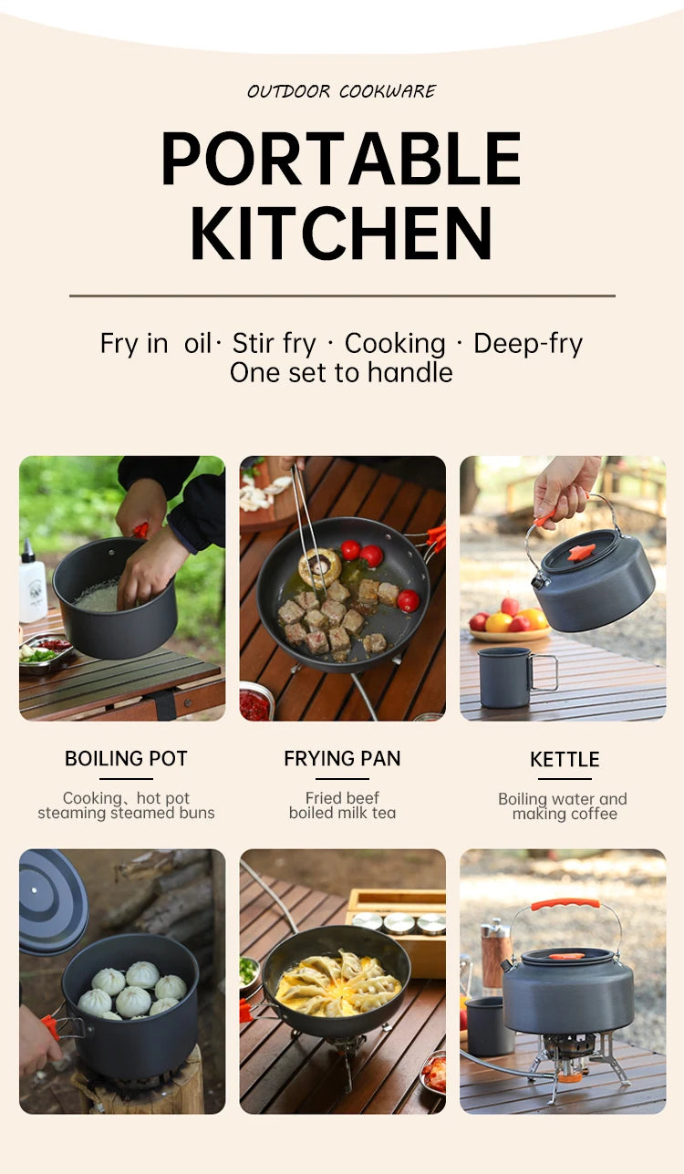 Juego de Cocina para Acampar, Juego de Utensilios de Cocina para Exteriores, Utensilios de Cocina Portátiles de Aluminio, Ollas, Tazones, Hervidores, Equipo para Picnic y Senderismo