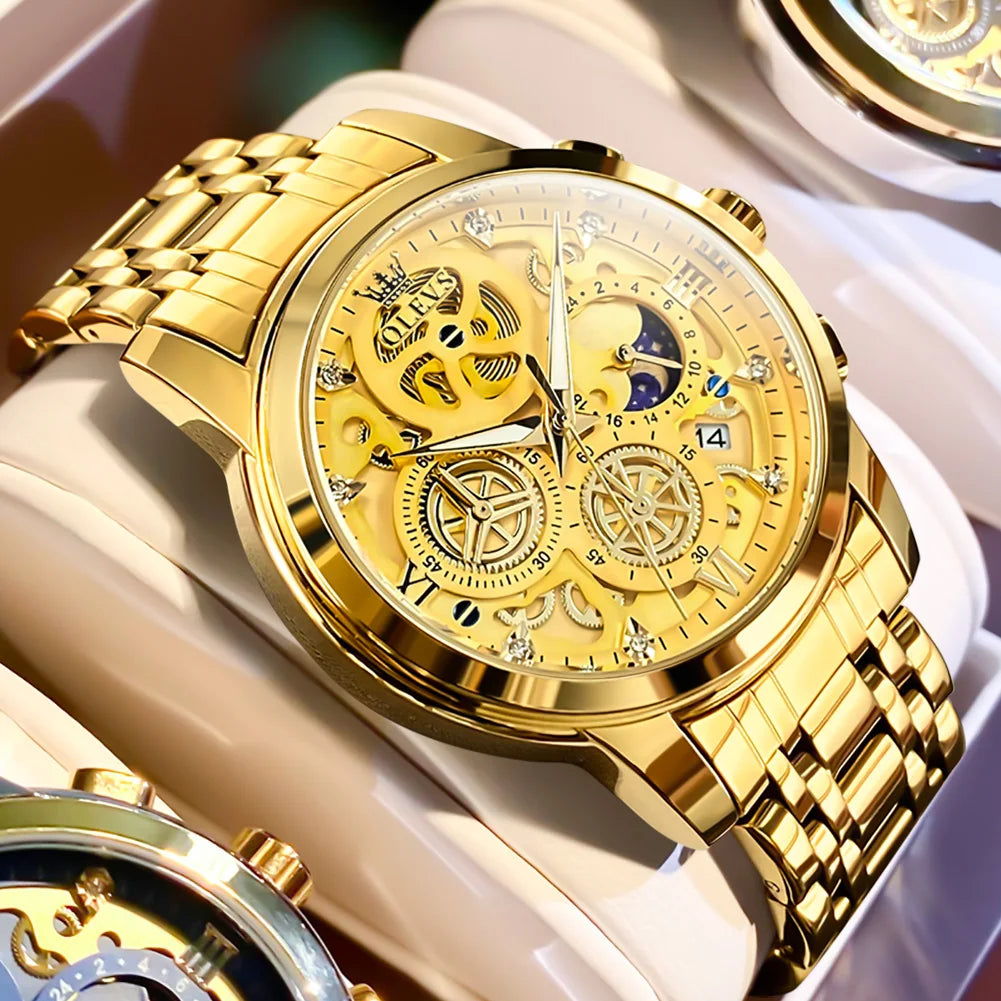 Relojes OLEVS para hombre, marca superior, reloj de cuarzo Original resistente al agua de lujo para hombre, estilo esqueleto dorado, 24 horas de día y noche, nuevo