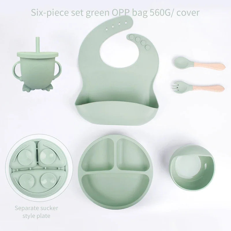 Juego de comida para bebé de 6 piezas, juego de silicona, juego de entrenamiento de comida para niños, cubiertos