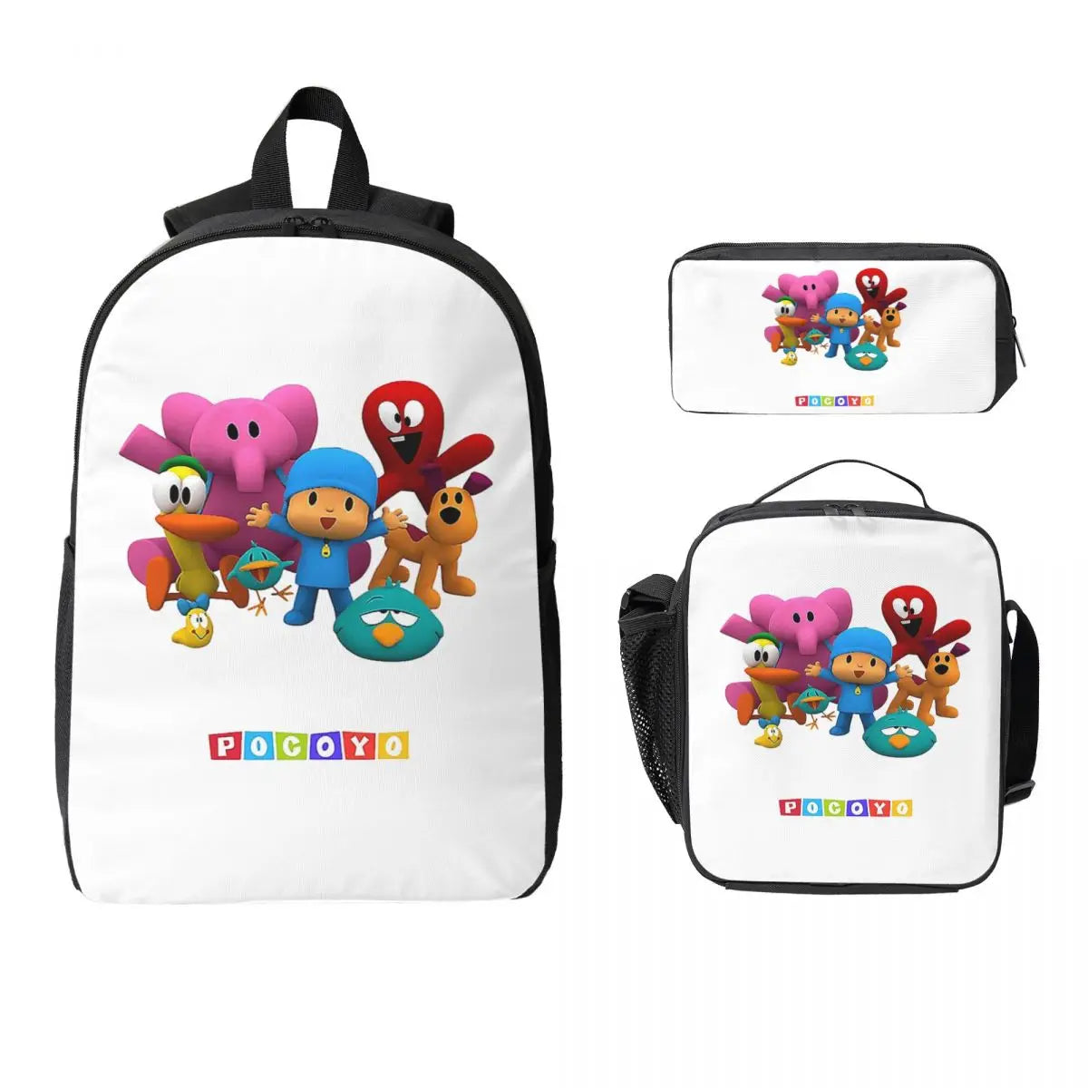 Mochila azul de dibujos animados de Pocoyo para niños, mochila escolar, bolsos de hombro para ordenador, bolsa de almuerzo aislada de 3 piezas, estuche para lápices