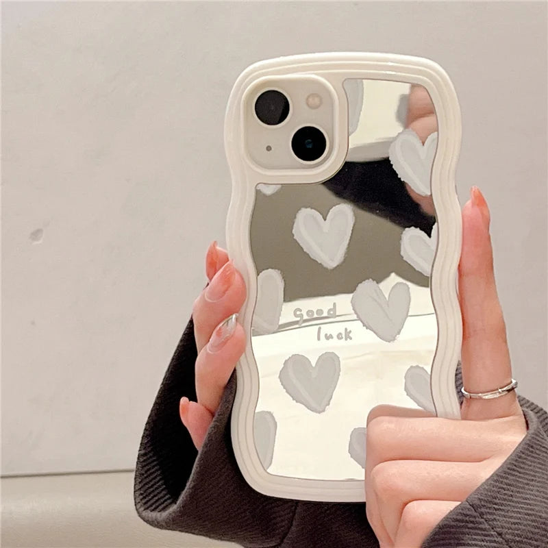 Funda de teléfono con espejo de maquillaje de corazón blanco encantador coreano para iPhone 17 Air 14 15 16 Pro Max 13 11 12 14 Plus XS X XR cubierta a prueba de golpes