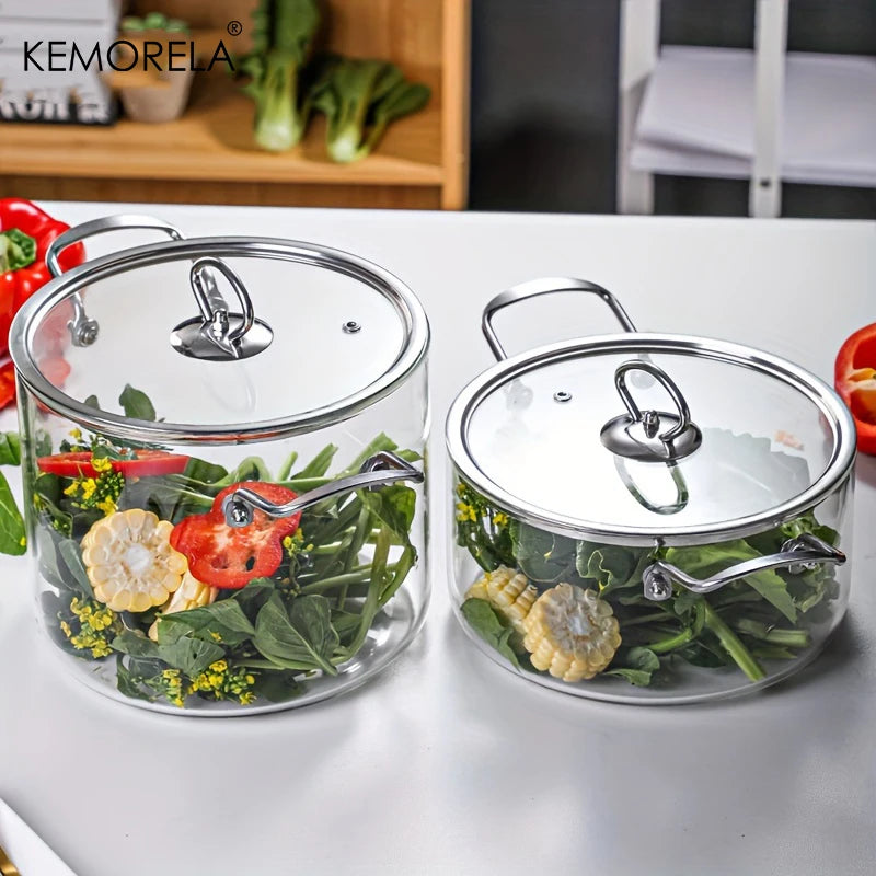 KEMORELA 1 Uds olla de cocina de vidrio 2.5L/3,5L olla de fuego resistente al calor ollas de doble mango con tapa de olla utensilios de cocina de vidrio de borosilicato